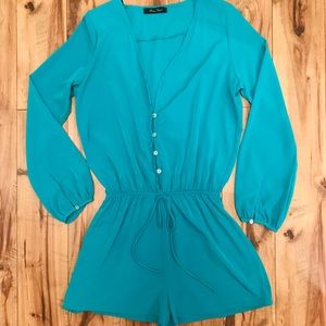 Honey Punch, Teal Long Sleeve Romper. Size M